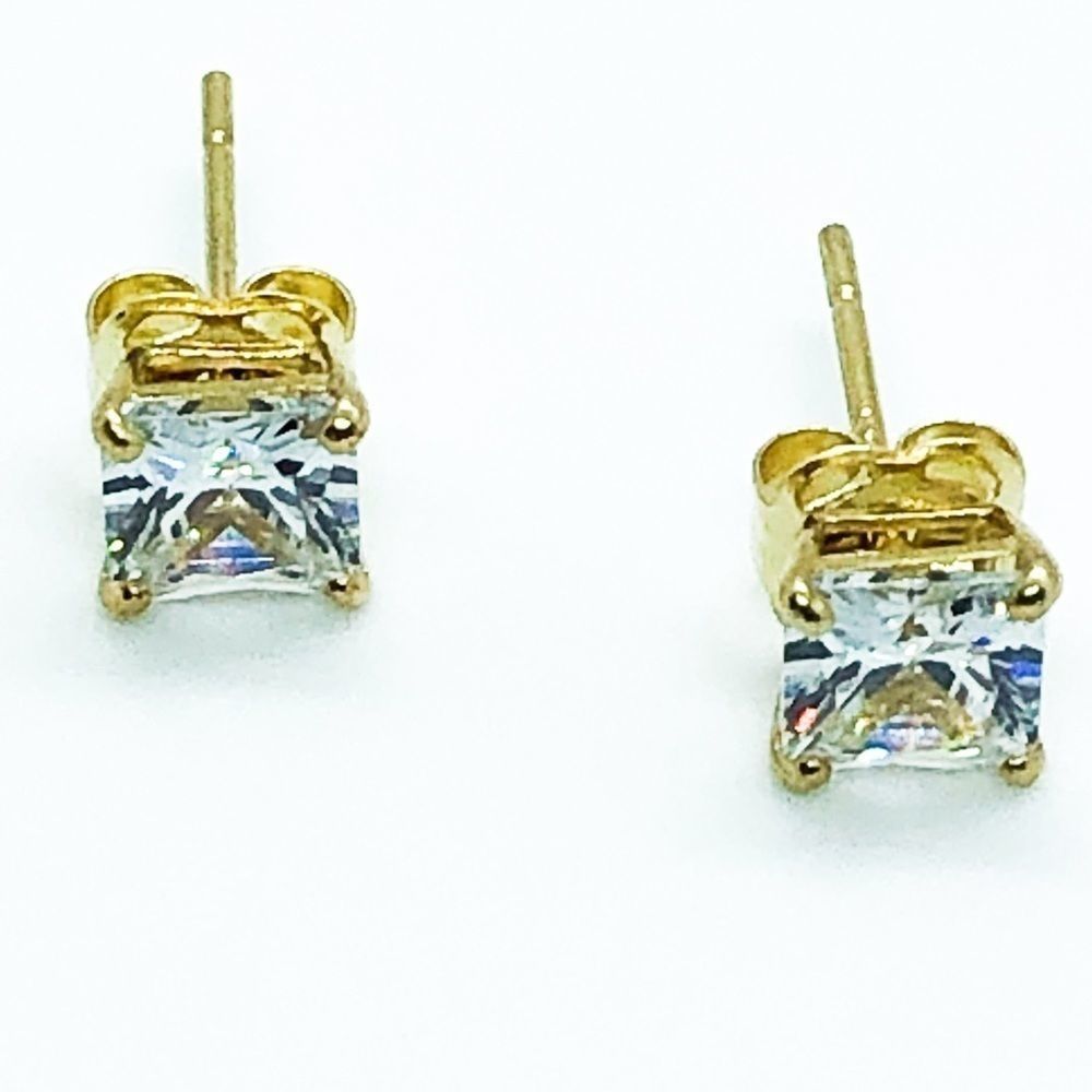 14K Gold 4MM Princess Cut CZ Earrings, Studs